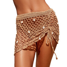Girl Short Beach-Cover Up Women Drawstring Beach-Skirt Crochet Swimwear Cover Up Brown S
