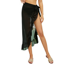 Womens Beach Sarong Swimsuit Cover-Ups Ruffle Tie Waist Split Wrap Short Skirt Long black