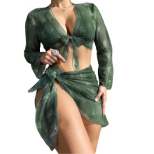 Women Lace Up Bathing Suit 4 Piece Swimsuit Halter Triangle-Bikini Set Beachwear Green L