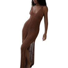 Women Hollows Crochet Sexy Sleeveless Beachwear Cover Down Sleep Swimwear Cover Brown L