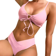 Women Spaghetti Straps Swimwear Girl Two Pieces Swimsuit High Cut Bikinis Set Pink L