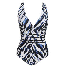 Womens Color Print Hollow-Out Waist One-piece Bikinis Sexy Blue and white porce S