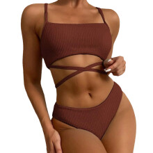 Women Spaghetti Straps Swimwear 2 Pieces Bathing Suit High Waisted Coffee color XL