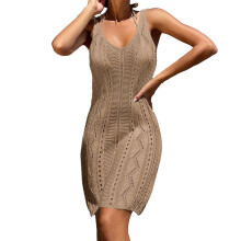 Women Sleveless Crochet Swimsuit Cover Up Fishnet Swimwear Cover Up Beach Dress Khaki