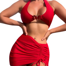 Womens Halter Bikinis Set Solid Color Butterfly Swimsuits 3 Pieces Bathing Suits Red L