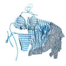 Halter Bikinis Set for Women 3 Pieces Swimsuit Stripe Girls Lace Blue three piece sui S
