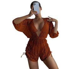 Womens Bathing Suit with Cover Up Ladies Halter Bikinis Set 3 Pieces Swimsuits Brown XL