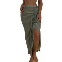 Womens Drawstring Swimsuits Cover Up Mesh Sheer Long Beach Skirt Bikini Light blue M