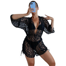 3 Pieces Swimsuits with Cover Up for Women Solid Bathing Suit Halter Bikinis Set Blue S