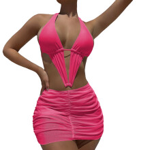 Swimsuits String Bikinis with Sarongs Wrap Skirt Ladies V Neck Bathing Suit Rose Red L