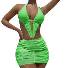 3 Piece Womens Swimsuits String Bikinis Triangle Halter Thong Bikinis Fluorescent green M