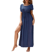Flowy Solid Color Maxi Dress for Women Short Sleeves Dress Sexy Side Split Dress Navy blue