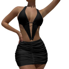 Swimsuits String Bikinis with Sarongs Wrap Skirt Ladies V Neck Bathing Suit Black M