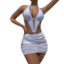 Swimming Costume Beachwear String Bikinis with Sarongs Wrap Skirt White L