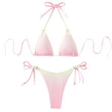 Women Sexy Halter Neck Bikinis Set Sexy Straps Swimsuits High Cut Thong Light pink M