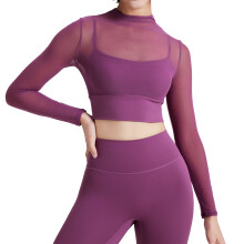 Long Sleeve Crop Tops Sheer Mesh Cropped Top for Women Workout Gym Yoga Purple S