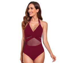 Women One Piece Swimsuits Tummy Control Ruched Swimwear Halter-Bathing Suit Claret L
