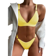 Lady O-Ring String Bikinis Women Solid Color Swimsuit High Cut Bathing Suit Ins Yellow L