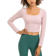 Square Neck Long Sleeve Crop Gym Shirts for Women Girls Workout Yoga Tops Gifts Pink 8