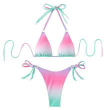 Women 2-Piece Strappy Swimming Suit High Cut Beachwear Halter String Bikinis Set Rainbow M