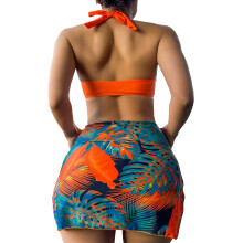 Women High Cut Swimsuits 2 Pieces Halter Bikinis Set Floral Printed Bathing Orange red S