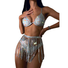 3Pieces Swimsuit Bikini-Set Tassel Beach-Skirt Sequin Fringed Skirt Dance Skirt Silver M