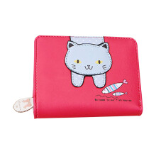 Leather Credit Card Bank Card Holder Cartoon Cat Pattern Wallet Purse for Women Red