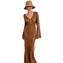 Knitted Hollow Out Beach Cover Ups Long Sleeve Beach Dress Crochet Beach Coverup Brown L