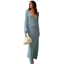Long Sleeve Beach Dress Women Crochet Beach Swimwear Cover up Dress Light blue L