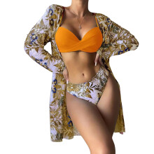 Women Bikinis High Waisted V-Neck Swimwear Lacing Spaghetti Straps Bathing Suit Orange M