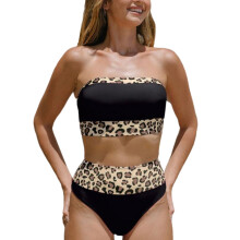 High Waisted Bikini Two Pieces Bathing Suit Patchwork Leopard Swimsuit for Women Black L