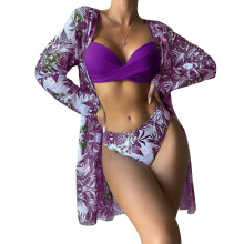 Women Three-piece Floral Printing Bikini Sexy Lacing Chest Gathered Bathing Suit Purple S