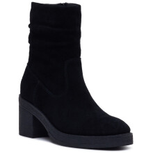 (, ) Hush Puppies Flora Ruched Suede Women's Black Heeled Mid Calf Boots