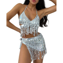 Halter Bikini Set 3 Pieces Swimsuit Sexy Tassels Lace Up Bathing Suit for Women White S