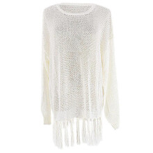 Knitted Cover Up Beach-Dress Swimwear Crochet-Bathing Beachwear Tassel Dress White