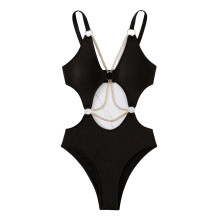 Female Spaghetti Strap Bathing Suit Womens Ring Linked-Swimwear with Chain Gift Black L