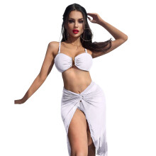 3 Pieces Trianglet-Swimsuit Solid Bikinis Sexy Backless Bathing Suits for Women White S