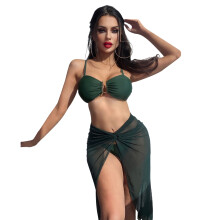Women Solid Bikini Set 3 Pieces Swimsuit with Maxi Wrap Skirt Sexy Bathing Suit Green M
