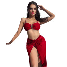 Womens Solid Bathing Suit with Mesh Maxi Skirt 3 Pieces Thong-Swimsuit Beachwear Red M