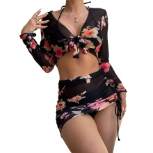 Sexy 3Pieces Bikini Set Cover Up Swimsuit for Women Long Sleeve Cover Up Bikini Black M
