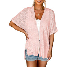Womens Solid Color Bathing Suit Beachwear Cover-ups Sleep T-Shirt Loose Cardigan Pink S