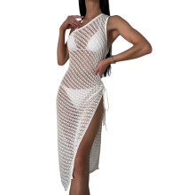 Hollow out Bikinis Cover Up for Women Female Sexy Side Split Knitted Beach-Dress White M