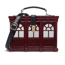 Women Vintage Acrylic House Shaped Clutch Box Shoulder Bag Evening Crossbody Bag Burgundy