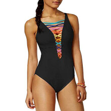 Sexy Deep V Neck Swimsuit One Piece Bathing Suit Hollow-out Swimwear for Women Black XL