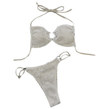 Women Sexy Lacing Bathing Suit Set Thong Beach Wear Solid Color Popular Swimwear Khaki M