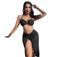 Womens Bikini Set with Mesh Maxi Skirt Sexy 3 Piece Solid Bathing Suit for Beach Black L