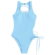 Fashion Cut-out Bikinis for Women One Piece Swimsuit Solid Lace Up Bathing Light blue L