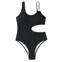 Womens Cutout Swimsuit Solid Color O-Ring String Swimwear One Piece Bathing Suit Black L