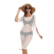 Women Hollows Crochet Short Sleeve Beachwear Coverups Down Sleep Swimwear One Size White