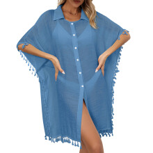 Bohemian Bikinis Coverup Hollow Out Bathing Suit Wrap Dress Swimwear Cover up Sky Blue